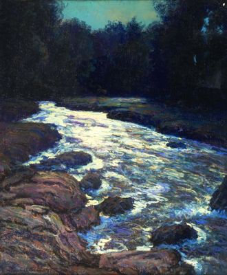 a painting of a river with rocks and trees in the background