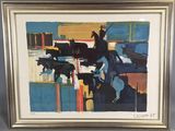 painting of a man riding a horse in a city with cows