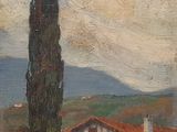 an image of a painting of a house with a tree in the foreground