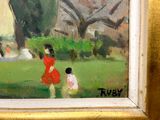 a painting of a woman and a child in a park