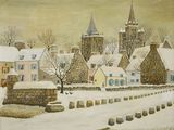 painting of a snowy village scene with a church in the background