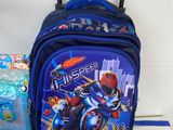 a blue suitcase with wheels and a blue bag with a picture of a cartoon character on it