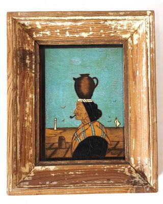 a picture of a painting of a woman with a pot on her head