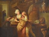 an old painting of a woman and a child in a kitchen