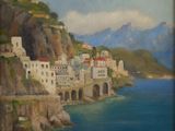 painting of a view of a town on a cliff overlooking the ocean