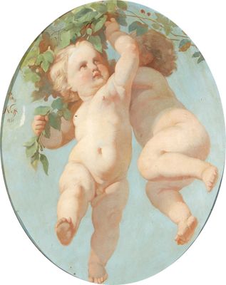 une image représentant un tableau sur lequel figurent deux chérubins suspendus à une branche d'arbre