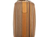 the back of a brown and tan suitcase on a white background