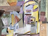 painting of a man standing in front of a painting of a building