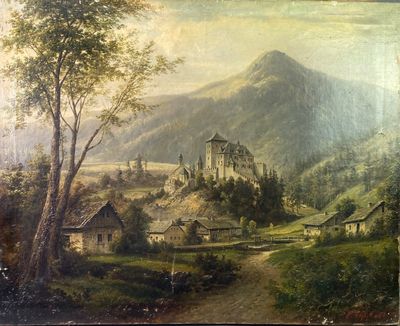 peinture représentant un paysage avec un château au milieu d'une vallée