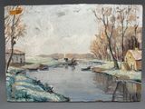 a painting of a painting of a river with boats on it