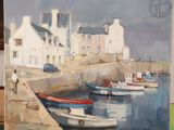 a painting of boats on the water in front of a building