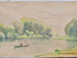 a painting of a man in a boat on the water