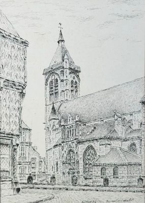 dessin représentant un vieux bâtiment avec une tour horloge au centre