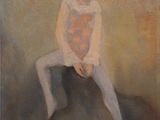 painting of a woman sitting on a rock with her legs crossed