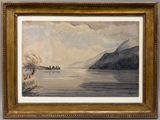 une image représentant un tableau d'un lac avec une montagne en arrière-plan