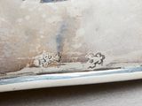 a silver plate with a picture of a man and a dog on it
