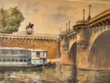 une peinture d'un bateau sur l'eau près d'un pont