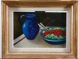 a painting of a bowl of strawberries and a blue vase