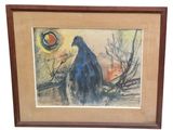 tableau représentant un oiseau noir perché sur une branche d'arbre, avec le soleil en arrière-plan