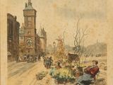 painting of a street scene with people and a horse drawn carriage