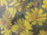 painting of yellow daisies in a vase on a table