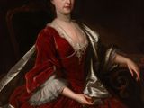 a painting of a woman in a red dress sitting on a chair