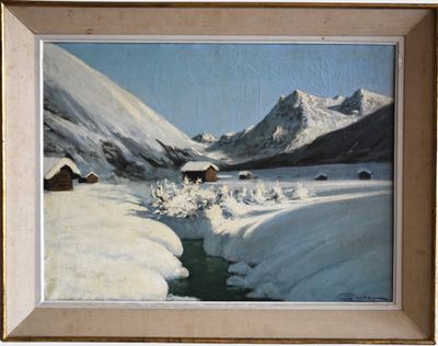 painting of a mountain scene with a stream in the foreground