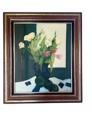 une peinture de fleurs dans un vase sur une table