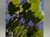 painting of green leaves in a vase on a white surface