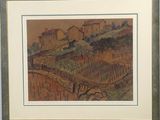 peinture représentant un paysage avec une ferme et une maison au loin
