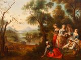 painting of a group of people in a wooded landscape with a river