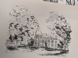 a drawing of a house in a park with trees