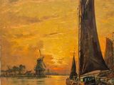 painting of boats in a harbor at sunset with windmills in the background