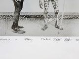a black and white photo of a man and a giraffe standing next to each other