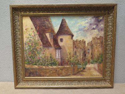 an oil painting of a house with a garden in front of it