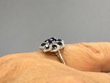 la main d'une femme tenant une bague sertie d'un diamant et d'un saphir