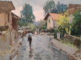 tableau représentant une personne marchant dans la rue avec un parapluie