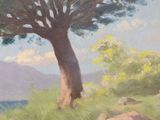 a painting of a tree on a hill by the water