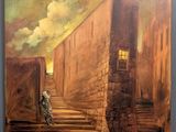 an oil painting of a man walking down a set of stairs