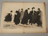 un livre ouvert sur lequel figure le dessin d'un groupe d'hommes vêtus de robes noires