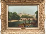 an oil painting of a river scene with boats and a bridge