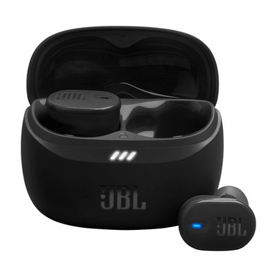 a pair of jbl air buds in a black case