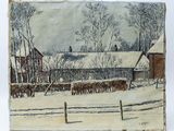 an image of a painting of a farm in the snow