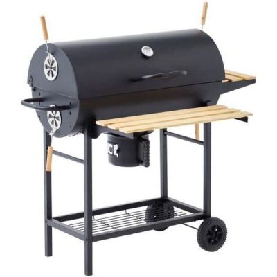 a black bbq grill with a wooden shelf and wheels