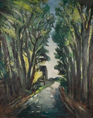 une peinture à l'huile représentant une route bordée d'arbres, avec un bâtiment au loin