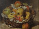 tableau représentant des pommes et des poires dans un panier en osier posé sur une table