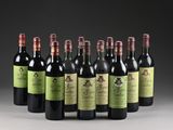 six bottles of red wine lined up in a row