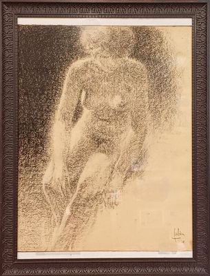 un dessin représentant une femme nue, dans un cadre marron