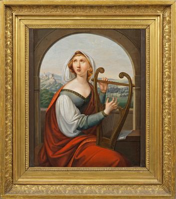 un tableau représentant une femme jouant de la harpe, dans un cadre doré