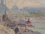 a painting of a man walking along a pier